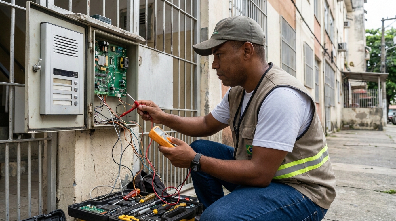 Eletricista consertando interfone em João Pessoa‑PB