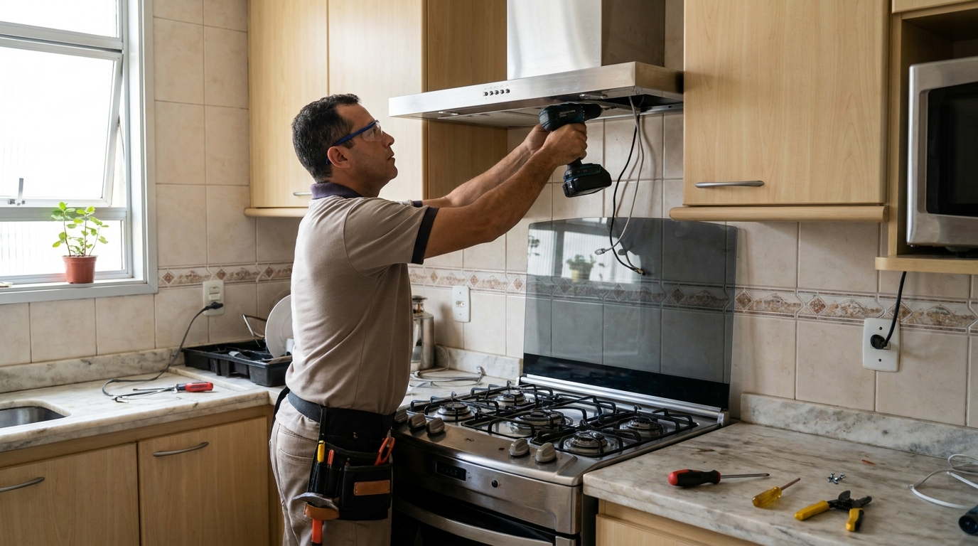 Eletricista instalando coifa em João Pessoa‑PB